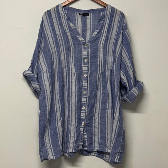 CZ Collection 3X Button Up Tunic Top Blue White Stripe Roll Tab Sleeve - Picture 1 of 7